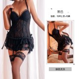 All-black vest + thong + headband + choker + gloves + fishnet stockings + whip