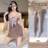 0803 [Breast Support] Light Purple Butterfly Nightgown + Panties + White Fishnet Stockings