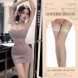 Purple (ruched pencil skirt + thong + lace stockings)