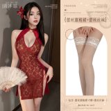 Burgundy (exquisite lace cheongsam + T-shirt + white lace stockings)