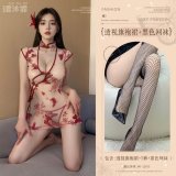 Burgundy (see-through cheongsam dress + thong + black fishnet stockings)