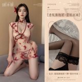Burgundy (see-through cheongsam dress + thong pants + black lace stockings)
