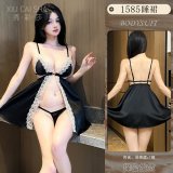 [Black] Open-front slip dress + thong + black stockings