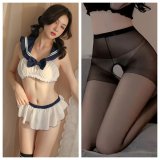 Uniform set + black open-crotch stockings