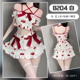 Strawberry school uniform + white ribbed stockings