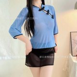 blue top + black skirt