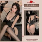 Black lace bodysuit + black open-crotch stockings