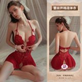 Red open-crotch bodysuit + 7004 red stockings