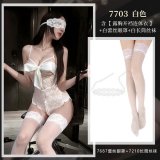 NY1SYT005986◆L◆White【Open-crotch bodysuit with exposed chest】+White eye mask+White stockings