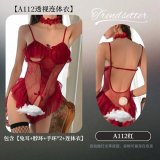 Red [bunny ears + neck ring + 2 bracelets + bodysuit] + black bow-tie ruffled stockings