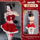 8613 Christmas Red [Bra + Skirt + Thong + Headband + Armband * 2 + Neckband] + Stockings