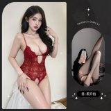 8842 Burgundy + Black Open Crotch Stockings