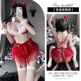 Clearance Sale - 9401 Christmas Red [Bell Necklace + Bra + 2 Bracelets + Mini Skirt and Garterbelt Set + Thong]