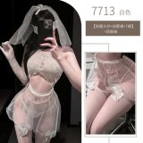 White suit + white bow-tie stockings + eye mask + gloves