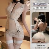 Beige nightgown + white ribbed stockings