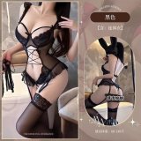Black battle suit + black fishnet stockings