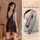 Black (back-slit sheer skirt + thong + lace fishnet stockings)