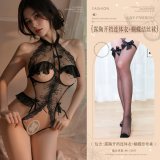 Black (open-crotch bodysuit with cutouts + bow-tie stockings)