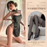 Black (lace-up cheongsam dress + T-shirt + open-crotch tights)