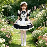 Black short-sleeved Lolita dress set with bow (skirt + apron + headpiece)