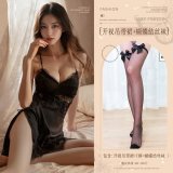Black (eyelash lace slip dress + thong + bow-tie stockings)