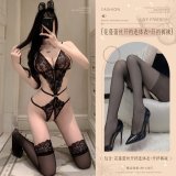 Black (floral lace open-crotch bodysuit + open-crotch tights)