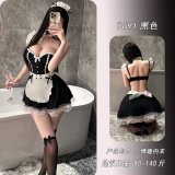 Black [headband + choker + dress + apron + thong] + matching stockings