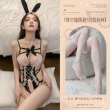 Black (openwork bodysuit + white fishnet stockings)