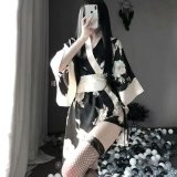 Black Japanese kimono + model's black fishnet stockings