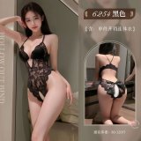 Black open-crotch bodysuit + black fishnet stockings