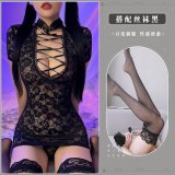 Black [lace cheongsam + T-shirt + black stockings]