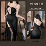Black floral print dress with exposed breasts + thong and black stockings