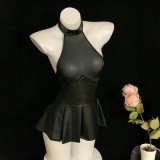 Black patent leather mini skirt + matching suspender stockings