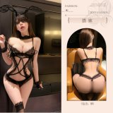 Black bodysuit + black open-crotch stockings + headpiece