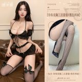 Black (Pearl-embellished bust three-piece set + black fishnet stockings)