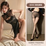 Black cheongsam + open-crotch black bodysuit