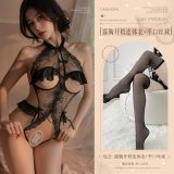 Black (open-crotch bodysuit with cutouts + boxer stockings)