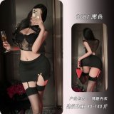 Black top + short skirt + matching garter stockings
