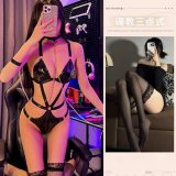 Domination in three-piece outfit + black stockings