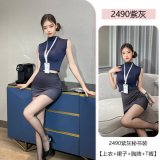 Purple-gray [top + skirt + name tag + thong] includes black open-crotch pantyhose