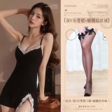 Black (deep V-neck slip dress + thong pants + bow-tie stockings)