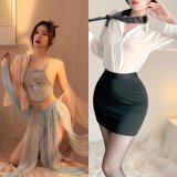 Light blue halter top set + secretary outfit, plus the same socks worn by the model.
