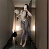Blue [cheongsam + T-shirt + black fishnet stockings]