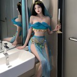 Blue-green [veil + strapless top + paneled tie skirt + thong]
