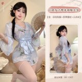 Blue printed kimono with white bow stockings