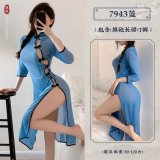 Blue Republic-era style cheongsam + T-shirt + white fishnet stockings