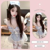 Blue and white headband + tulle skirt + thong + white open-crotch socks