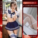 Blue and white school uniform + white-trimmed stockings