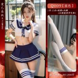 Blue and white school uniform + white socks with blue stripes