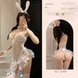 Bunny Girl [skirt + headpiece + neck ring + bracelet] + black open-crotch stockings